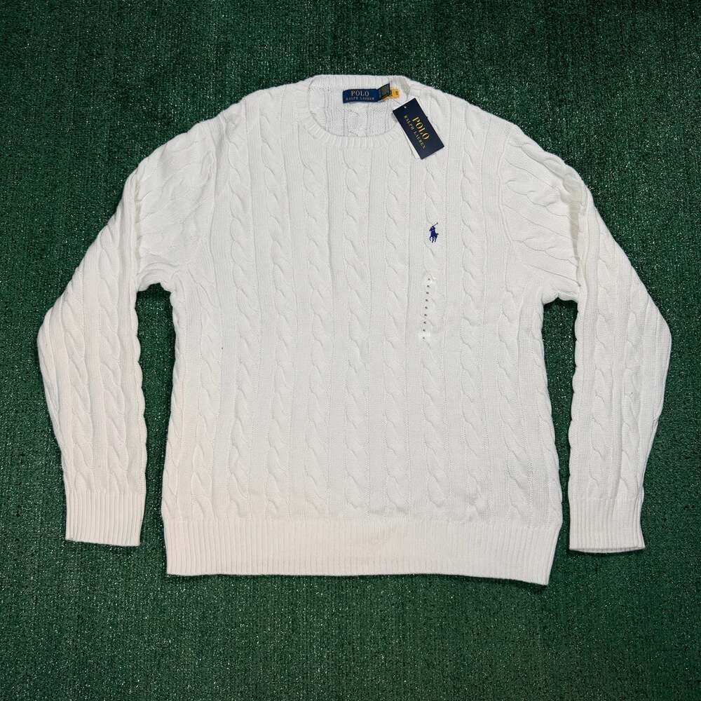 Mens Polo Ralph Lauren White Cable-Knit Cotton Crewneck Sweater XL NWT